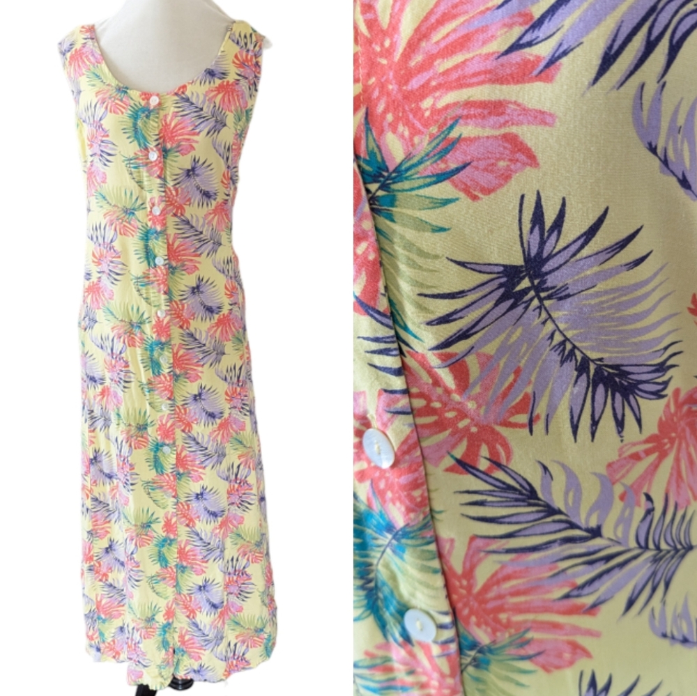 Koret Midi Dress 2X Tropical Yellow Button Down Sleeveless Long Rayon Sundress